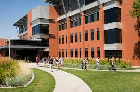 students leaving gaines hall on a sunny day