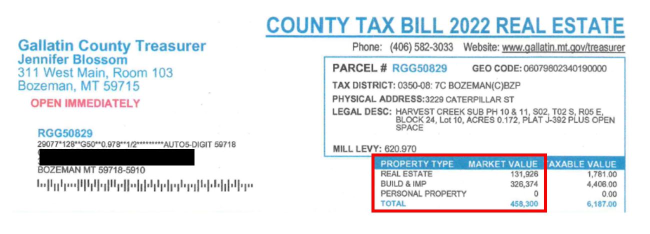 In 2022, an example residential property located in Bozeman was appraised by the DOR with a market value of $458,300.