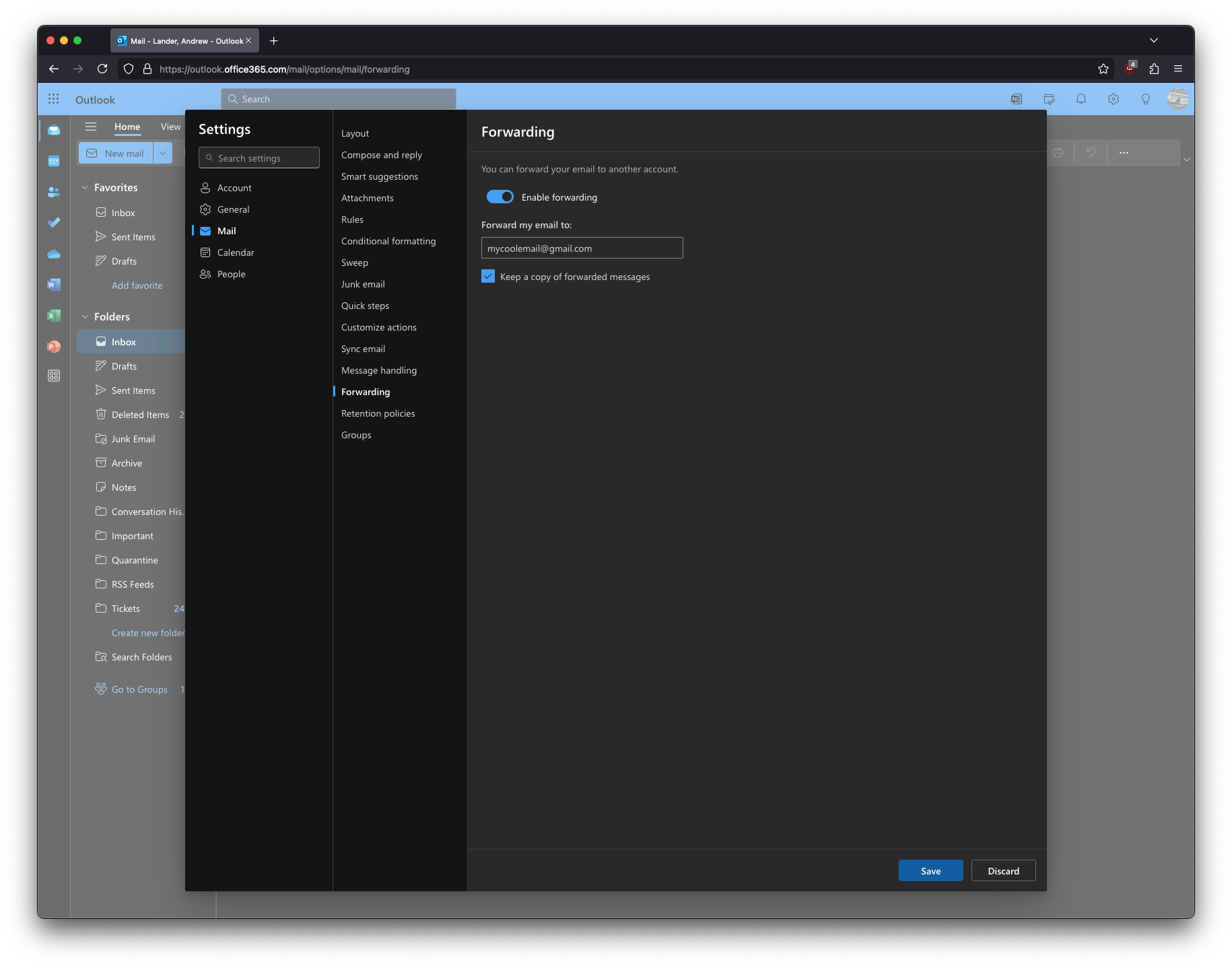 Mail Forwarding Settings Menu Outlook