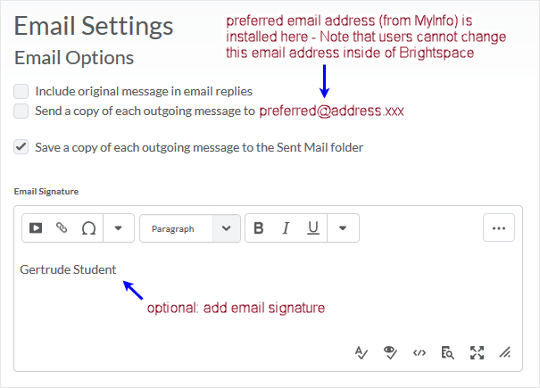 D2L 20.19.05 screenshot - Email Options area