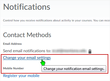 D2L DL CD v1074 screenshot - select "Change your email settings" linik and follow the prompts
