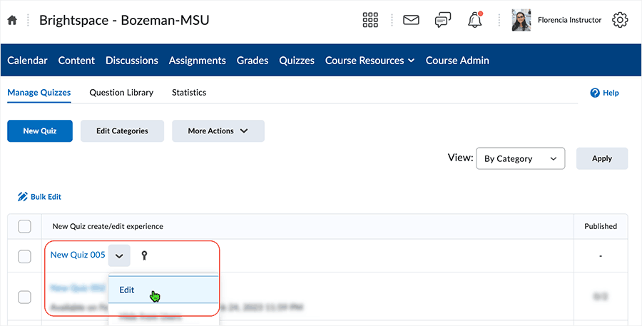 Brightspace screenshot 20.23.02 - select to edit a quiz from the contextual menu