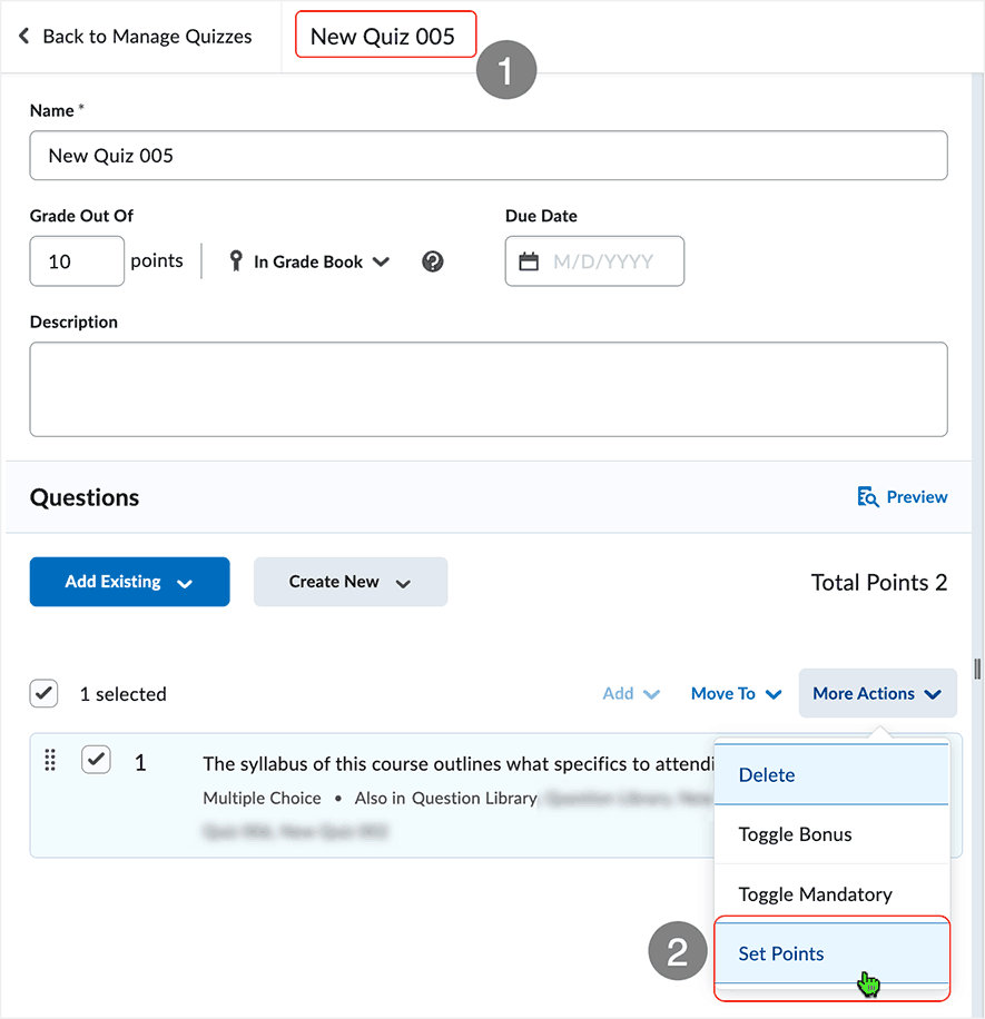 Brightspace screenshot 20.23.02 - Selecting "Set Points" from the "More Actions" drop menu.