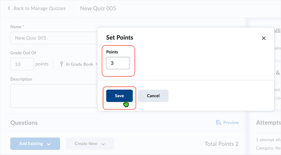 Brightspace screenshot 20.23.02 - Insert point amount in data box.