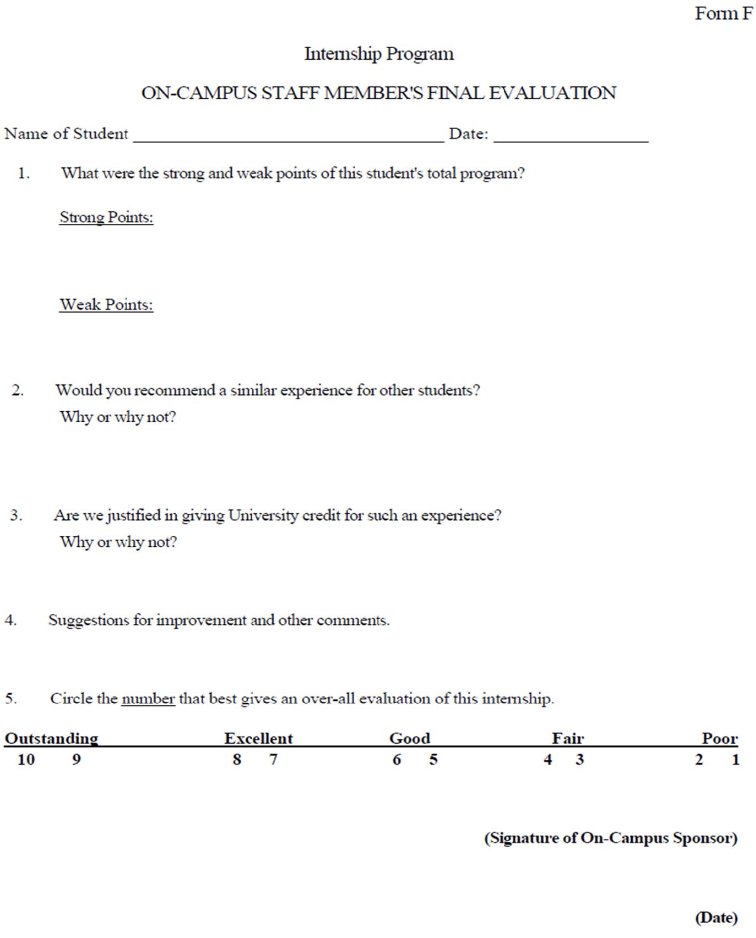 Form F, Internship Program, On-Campus Staff Member's Final Evaluation