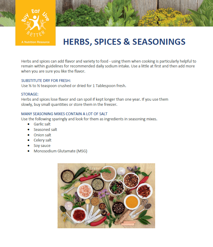 A snapshot of the Herbs and Spices factsheet printable PDF