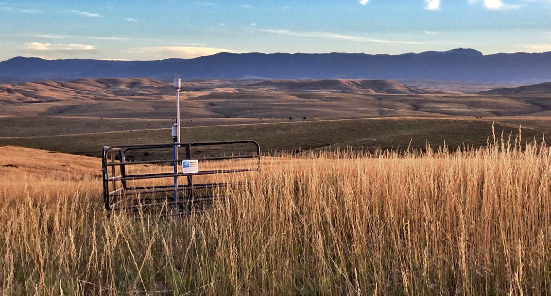 A field of wheat in the foreground leads to an enclosed data tool. There are brown mountains rolling in the background.