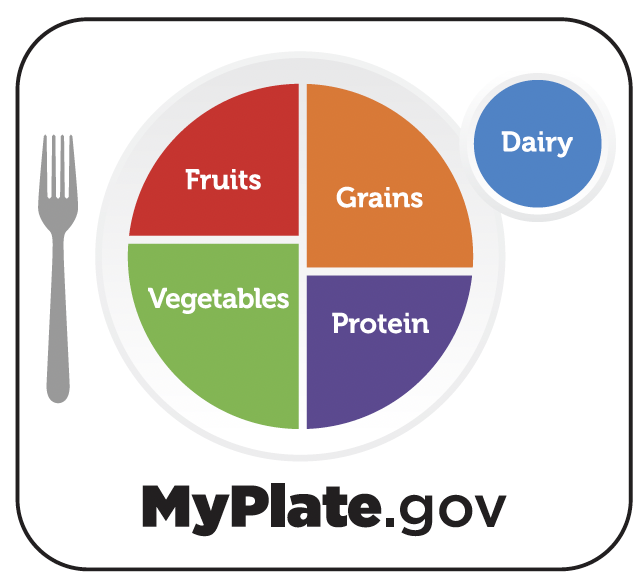 A graphic of a a nutritional plate. Grains and Vegetables make up about 2/3 of the plate combined and fruits and protein make up the remaining 1/3. Dairy is incorporated as well.