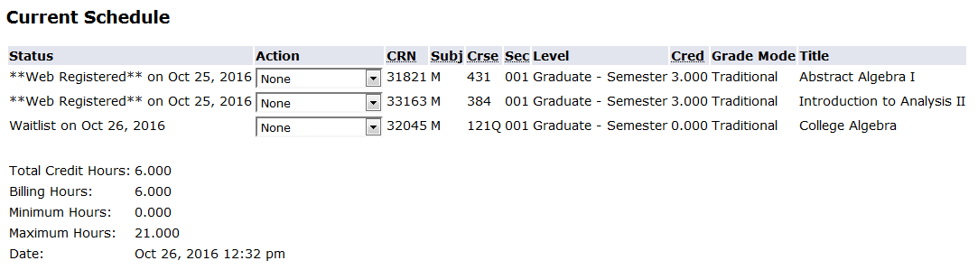 screen shot from my info indicating current schedule with waitlisting blurb next to waitlisted course