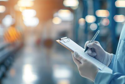 person in lab with clipboard