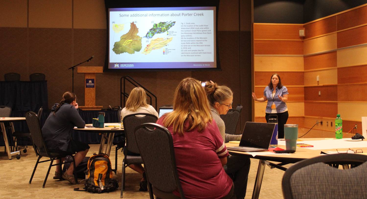 A teacher presenting at a screen